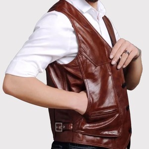 Chaleco de Cuero Genuino Marrón para Hombre, Chaleco Clásico de Motociclista, Chaleco de Cuero Marrón Clásico para Hombre - Product Image 2