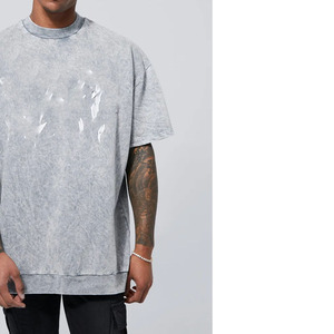 High Quality <b>Drop</b> Shoulder Oversize Black T Shirt Plus Size Vintage Heavyweight Knitted Organic Cotton Mock Neck tee - Product Image 3