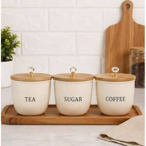 Beautiful Ceramic Storage Jars With Wooden Lids <b>Tea</b> <b>Sugar</b> <b>Coffee</b> Airtight Kitchen <b>Containers</b> Minimalist Design Moisture Proof - Product Image 1