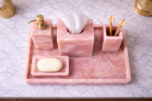 Ensemble d'accessoires de salle de bain en agate rose de luxe 5 pièces : distributeur de savon, boîte à mouchoirs, plateau, porte-brosse à dents, porte-savon - Product Image 2