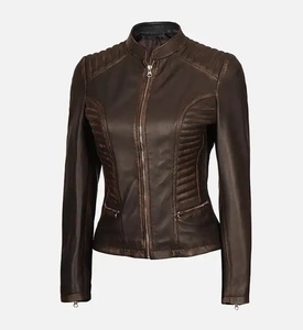 Women's Dark <b>Brown</b> PU <b>Leather</b> Moto <b>Jacket</b> Full Sleeve Stand Collar Quilted Zipper Closure Autumn Style - Product Image 3
