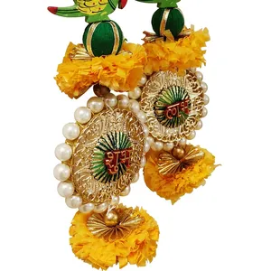 Traditional Yellow Marigold Hanging Toran with White Floral <b>Strings</b> and Decorative Peacock Bells for Door Wall Pooja Festival Ho - Product Image 2