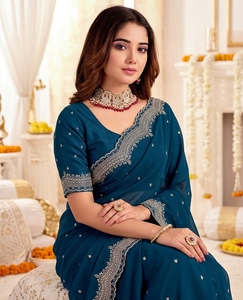 Sari en soie turquoise avec bordure brodée de motifs étoiles pour les occasions de mariage et de Diwali, sari traditionnel pour femmes, longueur au sol, protection solaire - Product Image 5