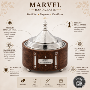 Casserole en bois sculpté traditionnel artisanal Marvel |   Bol intérieur en acier inoxydable |   Plat de service isotherme de qualité supérieure - Product Image 5