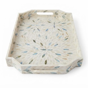 Wholesale Suppliers Mother of Pearl Serving Tray <b>Set</b> of <b>2</b> Modern Chevron Pattern Inlay Rectangular MOP Platter for Coffee Table - Product Image 5