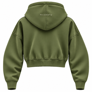 Sweat à capuche zippé oversize court pour femme, vert olive, personnalisé, design sur mesure, 100 % coton molletonné, idéal pour l'hiver - Product Image 2