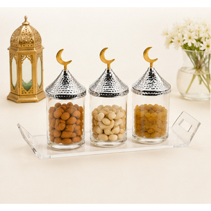 Ensemble de 3 pots en verre de luxe avec couvercles en forme de croissant de lune dorés et plateau en acrylique, élégant pour le Ramadan et l'Aïd, vente en gros, style arabe, bonbons - Product Image 6