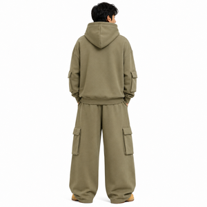 Men's 2PC Fleece Tracksuit Set Zip Hoodie <b>Cargo</b> <b>Pants</b> <b>Oversized</b> Fit Utility Pockets Winter Streetwear Custom Branding Wholesale - Product Image 4
