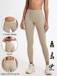 Leggings Cortos de Yoga de Cintura Alta con Forma de V, Color Sólido, Control de Abdomen, Faja Moldeadora, Transpirables, de Spandex/Nylon, Pantalones Elásticos con Cintura Elástica - Product Image 4