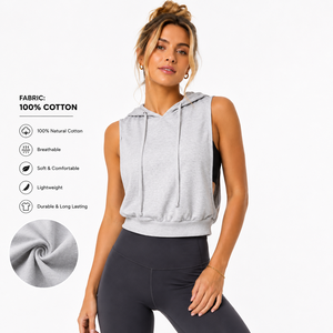 Top corto sin mangas con capucha y cordón ajustable, color gris moderno, camiseta de mujer de color sólido, personalizada, 100% algodón, ligera, deportiva, estilo muscle tank. - Product Image 5