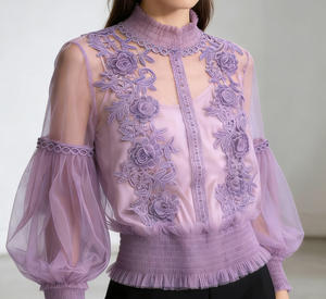 Oferta especial en Temu: Blusa romántica de encaje morado con bordado de malla, cuello alto y mangas abullonadas para mujer. - Product Image 6