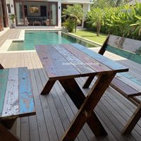 Table de salle à manger rustique artisanale, résistante aux UV, en teck recyclé couleur naturelle, mobilier d'extérieur pour cour