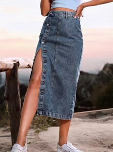 Jupe en jean d'été tendance, mini-jupe en denim sexy pour femme, taille haute, boutons latéraux, fente latérale, style streetwear moderne - Product Image 6