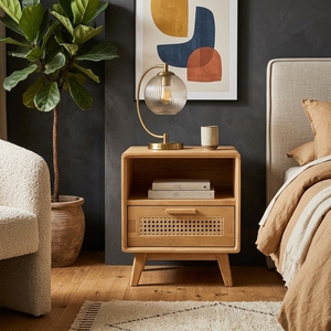 Table de chevet Enzo modèle KAG CAB05, design moderne élégant, bois de teck luxueux, texture en rotin, avec un rangement élégant, 1 tiroir - Product Image 4