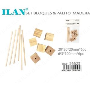Set di blocchi e bastoncini in legno ILAN 20x20x20mm 6 pezzi 3x100mm 6 pezzi per artigianato - Product Image 3