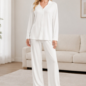 Women White Long Sleeve Pajama Set Classic Silk <b>Satin</b> Button Front Full Length Sleepwear Soft Mid Rise Solid Color - Product Image 1