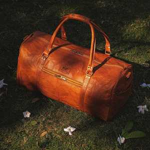 Sac de voyage classique en cuir véritable, forme tonneau, deux poignées, fermeture éclair, unisexe, grande capacité, pour le sport, avec rivets - Product Image 3