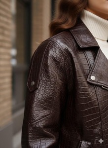 Brown Crocodile Embossed <b>Leather</b> <b>Jacket</b>, Oversized <b>Retro</b> Streetwear Coat - Product Image 5