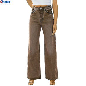 Fabricante de Jeans Casuales de Cintura Alta para Mujer, Estilo Vintage, Corte Recto, Holgados, OEM, con Lavado Ácido y Adornos de Cristales - Product Image 5