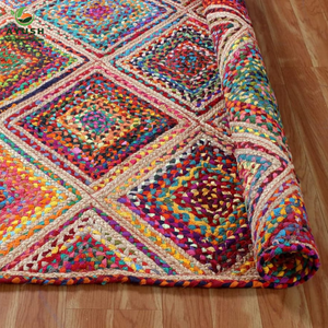 Alfombra de yute con estampado geométrico e incorporación de tela de algodón, revestimiento decorativo para el suelo de la sala de estar y el dormitorio. - Product Image 5