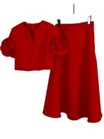 Nouveauté 2025, Ensemble de Mode Deux Pièces pour Femme : Blouson Court à Col V et Fleur 3D aux Manches, Jupe Longue Taille Haute Évasée
