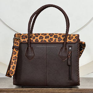Handmade Latest Design Leopard Print <b>Tooled</b> & Cowhide <b>Leather</b> Handbag for Women Crossbody Tote Purse Braided Handle Satchel Bags - Product Image 5