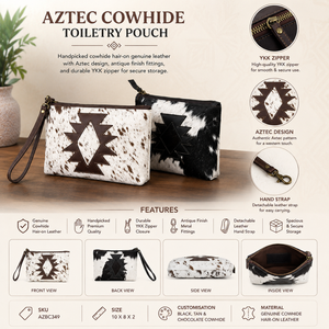Genuine Cowhide Leather <b>Toiletry</b> Pouch | Aztec Hair-On Western Cosmetic Bag with Zipper, Makeup Organizer, OEM Custom Available - Product Image 5