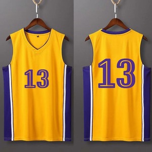 Maillot de basket-ball jaune et violet 23, col en V, sans manches, respirant, en polyester, unisexe, pour adultes, toutes saisons, impression des numéros d'équipe - Product Image 3