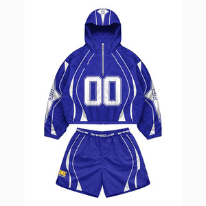 Ensemble coupe-vent et short en polyester de haute qualité, noir avec empiècements bleus, logo imprimé, personnalisable, pour homme - Product Image 4