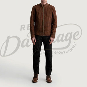 Veste en cuir suédé marron pour homme, en véritable peau de mouton, coupe ajustée, automne-hiver, style décontracté, moto, zippée, vêtement d'extérieur - Product Image 3