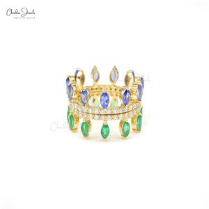 Bague en Tanzanite Naturelle et Émeraude Multicolore, Or Jaune Fin 14K, Pavé de Diamants, Couronne, Bague de Cocktail Détachable de Luxe - Product Image 3