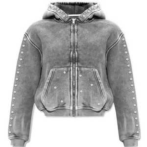Sudadera con cremallera de diamantes de imitación para hombre y mujer 2026, gris carbón, estilo vintage lavado, con brillo y tachuelas, estilo urbano. - Product Image 5