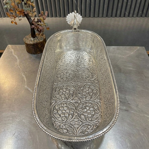 Antique Silver Carved Peacock Beverage Tub Embossed Floral Oval Tub With Ornate Feet Elegant <b>Champagne</b> Wine Cooler For Drinks - Product Image 4