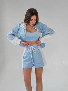Women Loungewear Tracksuit 2 Piece Set <b>Crop</b> Top and Shorts <b>Jacket</b> Quick Dry Breathable Casual Activewear - Product Image 2