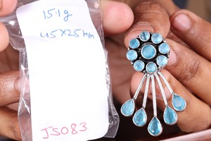 Sky <b>Blue</b> Stone Brass Oxidized Antique Silver Plated Pear Cut Bohemian Wedding Floral Dangle <b>Earrings</b> Women's Fashion Jewelry - Product Image 2