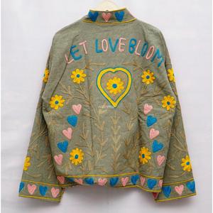 <b>Women</b> Embroidered Floral Hearts Mandarin Collar Long Sleeve Breathable Varsity <b>Jacket</b> Knitted Woven 100% Cotton - Product Image 6