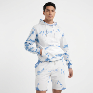 Ensemble sweat à capuche et short blanc et bleu pour homme – Survêtement décontracté d'été à manches longues avec cordon de serrage et poches en polyester respirant - Product Image 6