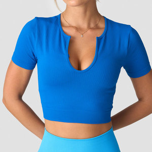 Camiseta Deportiva Corta de Manga Corta con Cuello en V, Material Acanalado Personalizado, Alta Elasticidad, para Gimnasio y Actividades al Aire Libre - Product Image 3