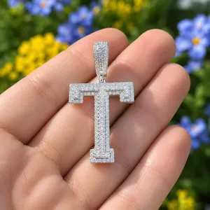 925 Sterling Silver 18K <b>Gold</b> Plated Brilliant Cut <b>Letter</b> T Moissanite Hip Hop Luxury Iced Pendant for Unisex Tishya Diamond - Product Image 1