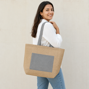 Sac fourre-tout personnalisé en jute et coton laminé avec poche extérieure et fermeture Velcro 48x34x17,5 cm Vente en gros OEM ODM Fabricant de marques privées - Product Image 4