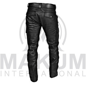 Pantalon en cuir noir pour homme, coupe droite, style motard, fermeture éclair, poches latérales, taille mi-haute - Product Image 6
