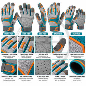 Gants de mécanicien gris, orange et turquoise en tissu respirant, à doigts complets, avec fermeture réglable, pour le travail - Product Image 5