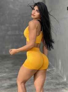 Women's <b>Yellow</b> 2 Piece Sports Set <b>Crop</b> <b>Top</b> High Waist Shorts Solid Color Spandex Knitted Breathable Sporty Spring Summer - Product Image 4