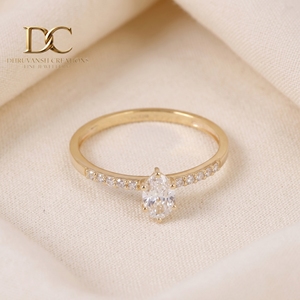 Anillo de compromiso moderno de lujo en oro amarillo macizo de 9K con diamante de corte ovalado y engaste pavé, joyería fina para mujer - Product Image 5