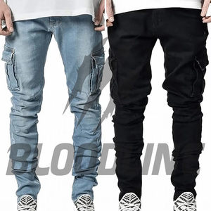 Pantalones Cargo de Mezclilla Lavada a la Piedra para Hombre BLOODLINE, Corte Slim Fit, Cintura Media, Color Sólido, Estilo Utilitario, Jeans de Algodón para Otoño, Calidad Premium - Product Image 6