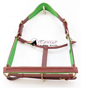 Meilleure vente Collier tête de cheval de qualité supérieure en cuir vert avec rembourrage vert Quincaillerie dorée Canal vide Nez Pièce joue - Product Image 3