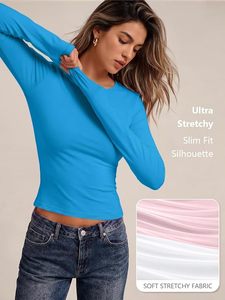 T-shirt court en maille pour femme, bleu, col rond, manches longues, coupe ajustée, couleur unie, décontracté, toutes saisons, respirant, en coton et élasthanne - Product Image 6