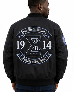 เสื้อแจ็คเก็ตบอมเบอร์กันน้ำสำหรับฤดูหนาว สีดำ ยูนิเซ็กซ์ ยี่ห้อ Phi Beta Sigma ผลิตจากโพลีเอสเตอร์ 100% น้ำหนัก 220 กรัม ปักอักษรกรีก กันลม ซิปด้านหน้า - Product Image 2