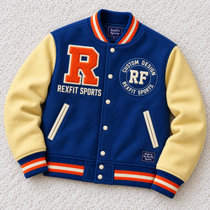 Veste de sport Rexfit personnalisée avec monogramme unisexe, appliqué en chenille, broderie, boutons pression, simili cuir, tissu en laine épaisse - Product Image 2