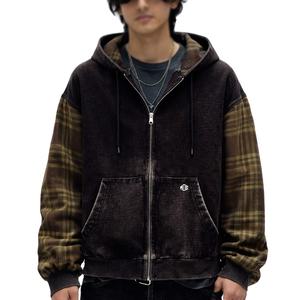 Sweats à capuche oversize pour hommes avec manches à carreaux, sweats en molleton vintage lavés, sweats à capuche personnalisés OEM, streetwear, sweats à capuche à fermeture éclair en gros, États-Unis - Product Image 1